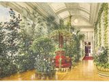 an image of a painting of a room with plants and a red chair