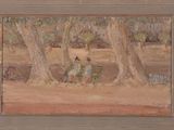 a painting of a man and a woman sitting on a bench