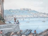 a painting of a view of a city from the water
