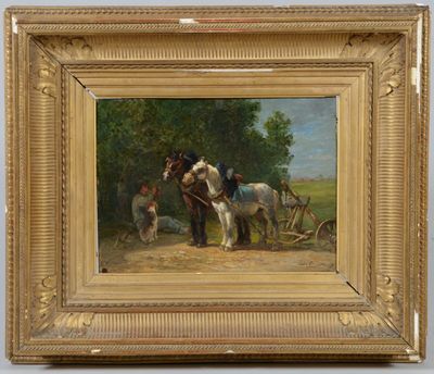 une peinture à l'huile représentant deux chevaux tirant une charrue, avec un homme à l'arrière-plan