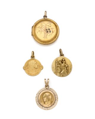 three gold lockes with a picture of a man and a woman