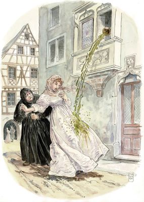 painting of a woman in a white dress and a woman in a black dress are walking down a street