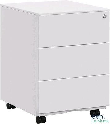 a close up of a white filing cabinet on wheels
