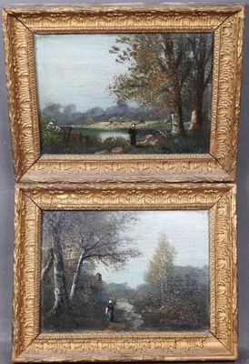 deux tableaux représentant un homme et un chien dans un paysage boisé