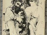 a black and white drawing of two women sitting on a couch
