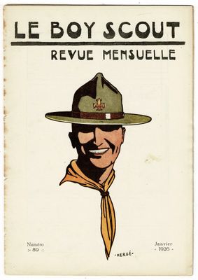 un vieux livre sur lequel figure le dessin d'un homme portant une casquette de scout