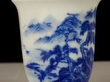 a blue and white cup with a mountain scene on it