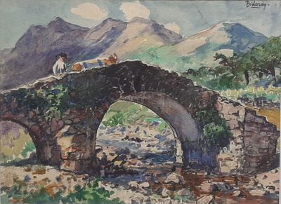 a watercolor painting of a man sitting on a bridge