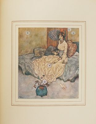 a painting of a woman sitting on a bed