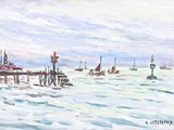 un tableau représentant des bateaux sur l'eau près d'un embarcadère