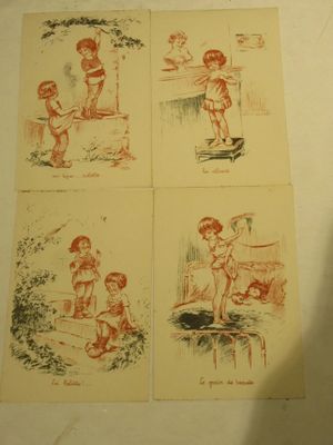 plusieurs dessins représentant des enfants jouant avec un ballon sur une table