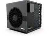an image of a black air conditioner sitting on top of a white surface