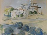 l'image d'un tableau représentant un village avec une église à l'arrière-plan