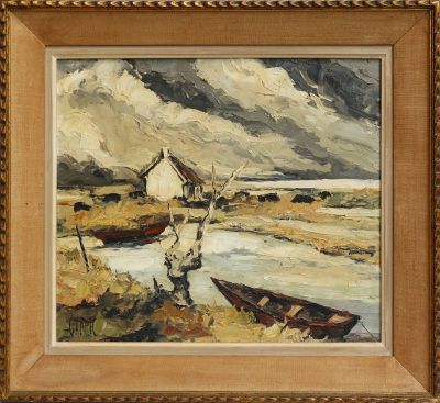 une image d'une peinture représentant un bateau sur une rivière