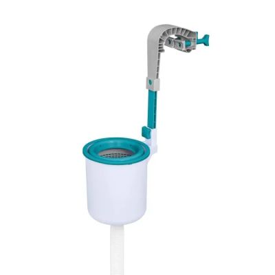 the toilet is white and blue with a green handle