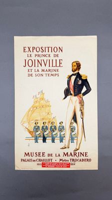 une vieille affiche représentant un homme en uniforme militaire debout à côté d'un bateau