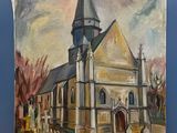 une peinture à l'huile représentant une église avec un clocher à l'avant-plan