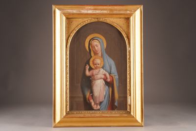 an old picture of a painting of a woman holding a baby