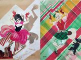 two pictures of a woman in a pink dress and a woman in a green dress