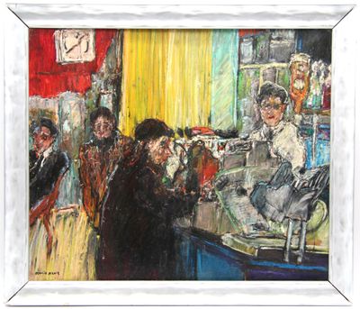 une peinture à l'huile représentant un groupe de personnes debout autour d'un bar