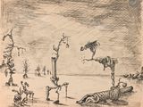 dessin représentant un homme à cheval en train de sauter par-dessus un animal mort