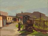 peinture représentant un tableau représentant un train sur une voie ferrée près d'un bâtiment