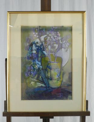 une photo d'un tableau représentant une femme avec des fleurs dans un vase