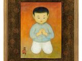 an image of a painting of a boy in a blue shirt and white pants