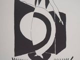 black and white drawing of a woman standing on a record