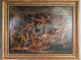 an oil painting of a group of people in a room with a painting on the wall