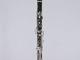 a black and silver clarinet sitting on top of a clear stand
