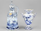 pair of blue and white vases with handles and handles