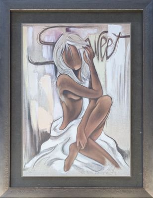 tableau représentant une femme assise sur un lit, une serviette sur la tête