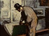 tableau représentant un homme debout devant une boîte verte, devant un mur de briques