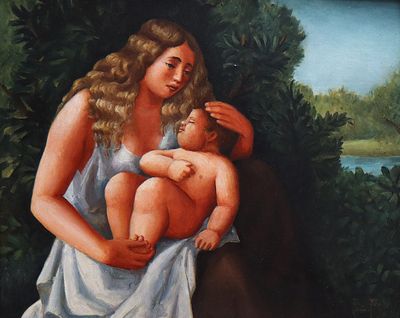 une peinture représentant une femme tenant un bébé dans ses bras