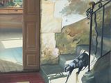 a painting of a dog that is walking up the stairs