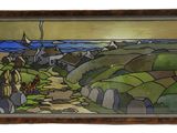 peinture représentant un paysage avec une église et un chemin au premier plan