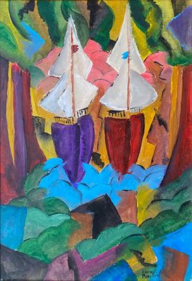 painting of three sailboats in a forest with trees and blue water