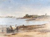 un tableau représentant un homme et une vache sur la plage
