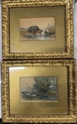 two framed paintings of a farm scene with cows in a field
