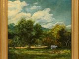 an oil painting of a cow in a field with trees