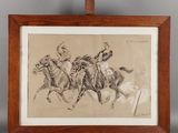 une image représentant un dessin de deux hommes à cheval, posé sur un chevalet en bois