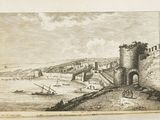 dessin représentant une vue d'une ville avec un château au bord de l'eau