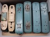 a box with a bunch of blue and white train cars in it