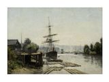 l'image d'une peinture représentant un bateau dans un plan d'eau