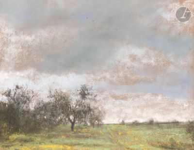 a picture of a painting of a field with trees