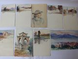 several cards with watercolor paintings of a woman in a hat and a man in a hat