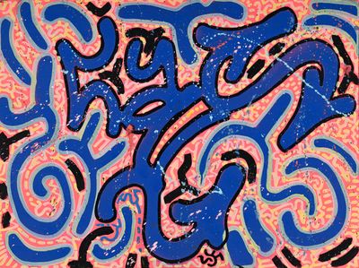 une image représentant un tableau bleu et rose sur lequel figure le mot « paix »