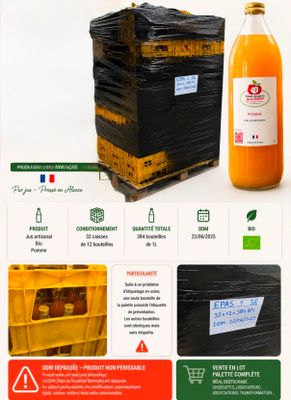 a picture of a bottle of orange juice on a pallet