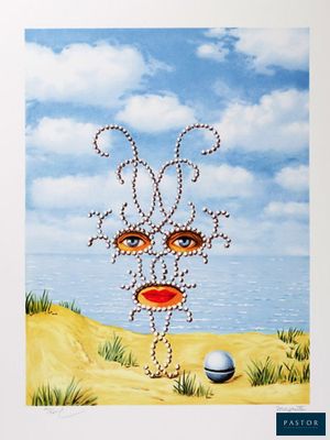 an image of a painting of a face on a beach with a ball